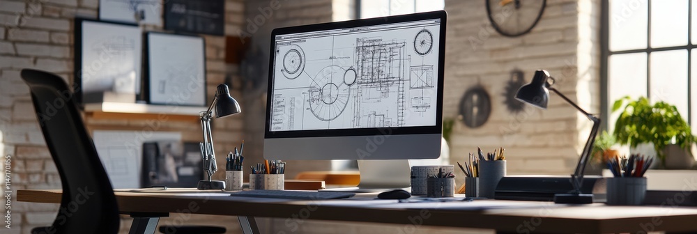 Poster modern engineering desk with focused workspace featuring detailed technical plans and creative tools