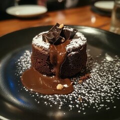 Molten chocolate cake with chocolate sauce and powdered sugar.