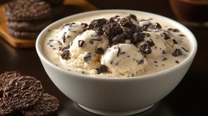 Creamy vanilla ice cream with chocolate cookie crumbs in a bowl.