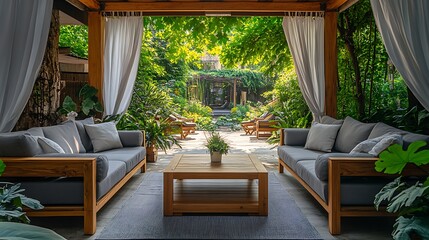 Fototapeta premium Photo of an outdoor garden with wooden furniture