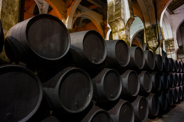 Solera system in bodegas, Andalusian wine cellar, process for aging different sherry wine in barrels, producing of jerez fortified wine, Jerez de la Frontera, Andalusia, Spain