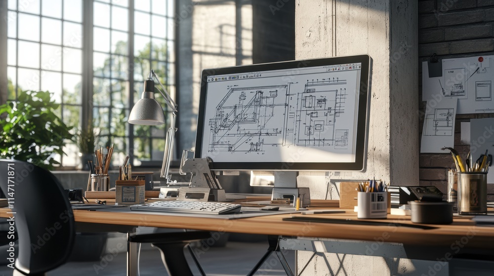 Poster modern engineering desk with detailed blueprints and organized workspace for creative projects. gene