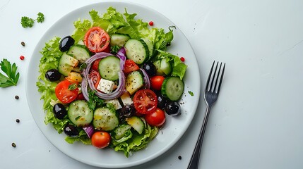 Photo of Greek salad on white plate close up shot