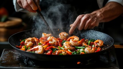 Photograph of a chefs hands in a black apron with the shrimp curry