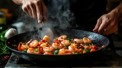 Photograph of a chefs hands in a black apron with the shrimp curry