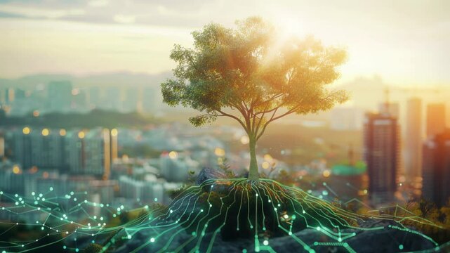 tree with digital roots spreading into a shenzhen city, where professionals use secure devices to access global economic models and green initiatives
