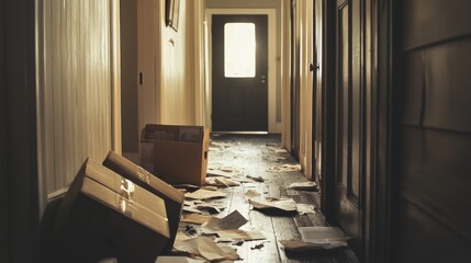 A cluttered hallway with boxes, papers, and a door at the end, with light streaming in.