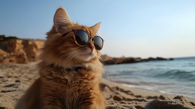 A cute cat wearing sunglasess on a beach. Generative AI