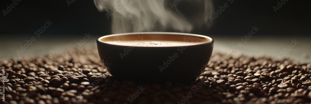 Poster close up of steaming cup of coffee surrounded by coffee beans in a dimly lit setting for cozy ambian