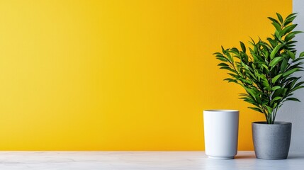 Minimalist home office desk setup with plant and mug against yellow wall.