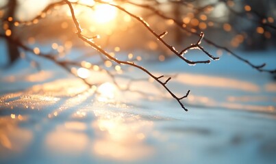 Winter sunrise through frosted branches on snow-covered ground.