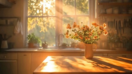 Fototapeta premium Sunlit kitchen with flower vase on table.