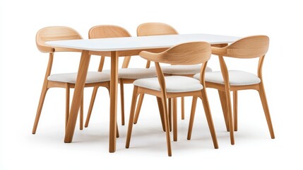 Dining set with rich wood texture and light fabric chairs, clean white background to highlight contemporary kitchen elegance, ideal for ad visuals