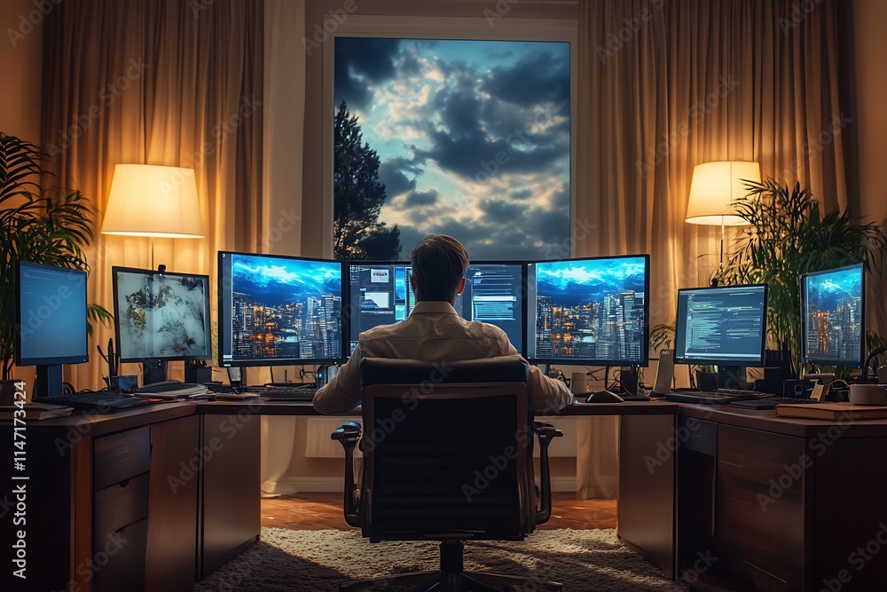 Poster man working late at night on multiple computer screens. concept of hard work, dedication, and techno