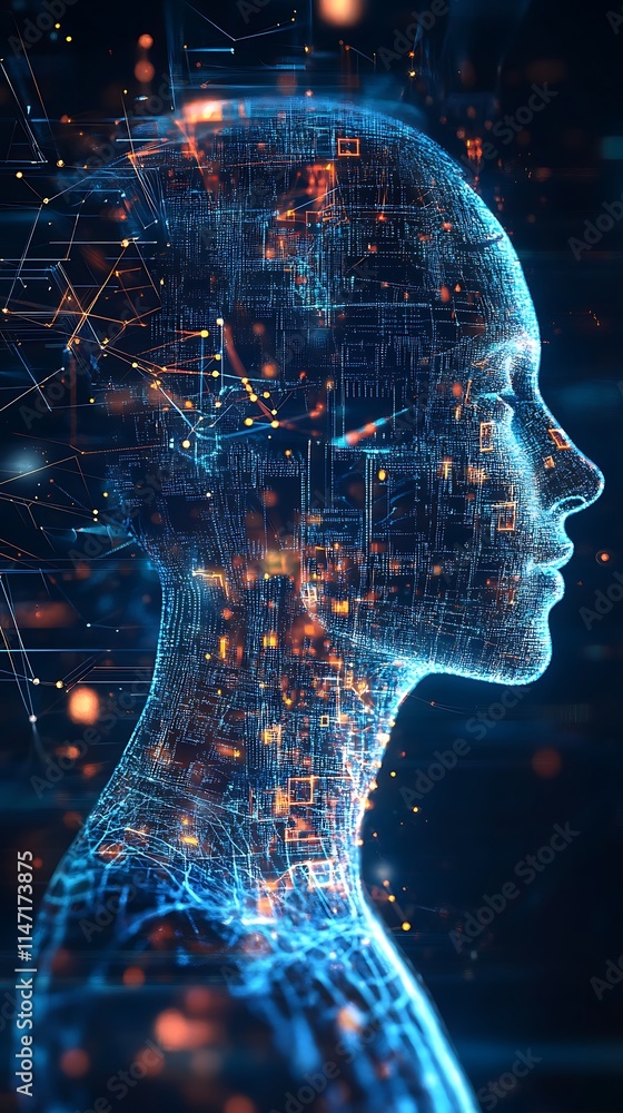 Poster digital head composed of network lines and data streams