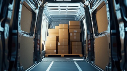A cargo van interior, showing a pallet of cardboard boxes loaded for delivery.