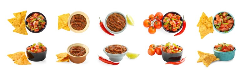 Delicious salsa sauce in bowls isolated on white, collage. Top and side views