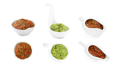 Delicious salsa sauce isolated on white, collage. Top and side views