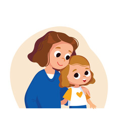Portrait of daughter and mother together. Mom hugs her daughter, parental feelings, parental care, love, family relationships. Daughter looks at mom Mom looks at daughter, parenting moments