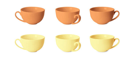 Blank cups isolated on white, set. Mockup for design