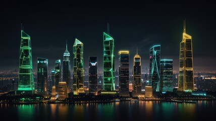 Obraz premium Futuristic City Skyline Illuminated With Neon Lights
