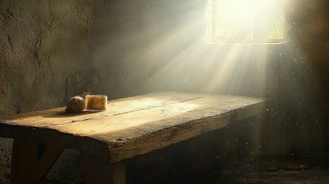 Sunbeams illuminate rustic wooden table with bread and cheese in a dark room.