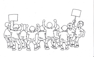 people protesting, black and white illustration