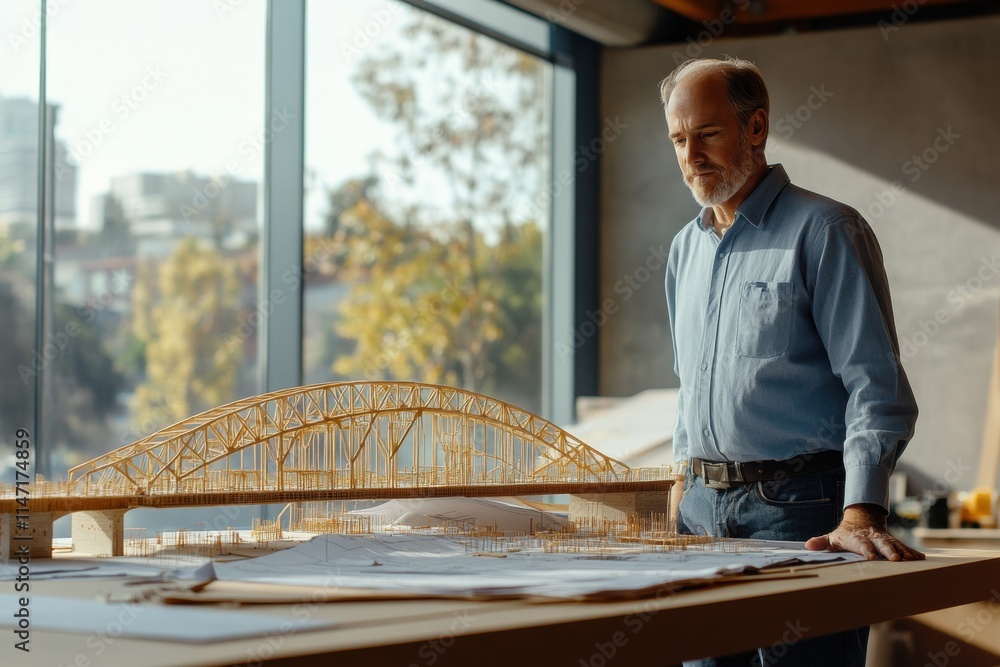 Poster civil engineer reviews detailed model of a bridge at design studio during daylight hours. generative