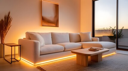 Modern apartment living room, cozy beige sofa, minimalist decor, soft lighting, and abstract art on the wall, calm evening ambiance