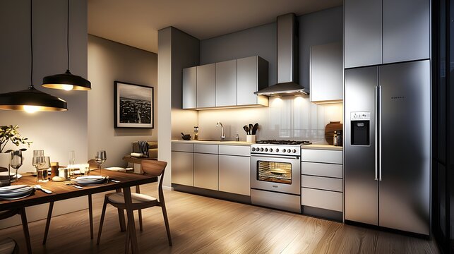 Modern apartment kitchen with sleek cabinetry, stainless steel stove, wooden dining table, minimalist decor, warm lighting, cozy refectory feel