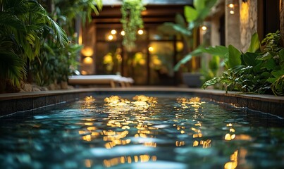 Tranquil outdoor pool at night, surrounded by lush tropical plants and warm lighting.