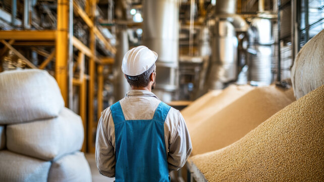 Worker inspecting the production of organic chicken feed in a clean mill, surrounded by large sacks of grains and natural feed components. 