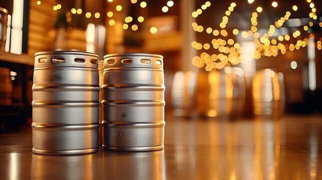 Neatly arranged beer kegs in warehouse, polished surfaces, light reflections