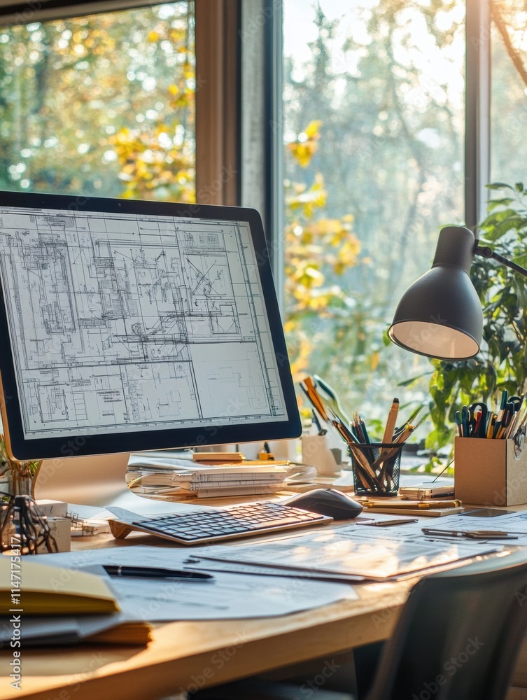 Poster modern engineering desk setup in a sunlit workspace featuring blueprints and office supplies. genera
