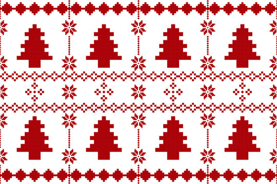 Pixel Christmas Pattern with Red Snowflake Icons on White Background,Nordic and Scandinavian Style,Ideal for Gift Wrapping,Sweaters,Fabric,Border,Banner and Digital Art Projects During the Holiday