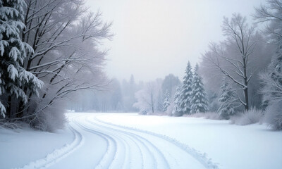 Fototapeta premium A tranquil winter landscape features a winding snowy path leading through frost-covered trees under soft morning light - Generative AI
