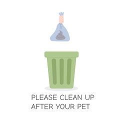 Please Clean Up After Your Pet Hand Holding Poop Bag Over Trash Bin Vector Illustration