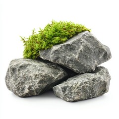 Natural rock formation with moss outdoor setting tranquil environment close-up view eco-friendly concept, isolated on white background
