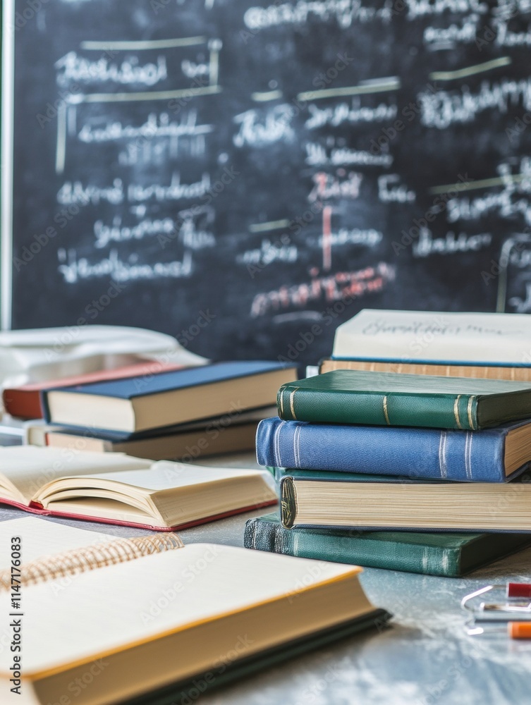 Poster desk cluttered with books and stationery for studying and writing tasks in a classroom setting. gene