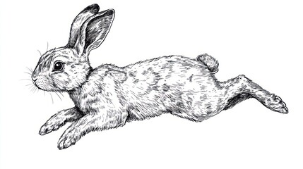 A black and white pen and ink illustration of a rabbit leaping in mid air.