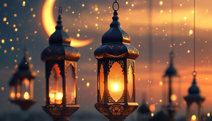 traditional islamic Ramadan lantern and crescent moon the background