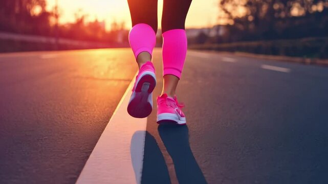Athletic woman running on empty road at sunset with bright pink sneakers and compression socks, concept of sport