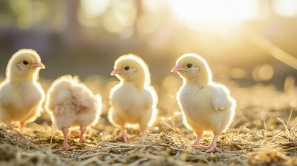 Naklejka premium Young, healthy chicks walking across a sunlit farm floor filled with soft hay, symbolizing early growth and poultry care 