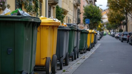 A row of colorful recycling bins line a city street.