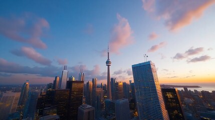 Fototapeta premium Toronto skyline at sunset, city buildings, tower.