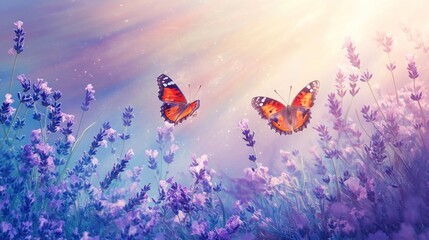 Two butterflies flying over a lavender field at sunrise.