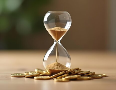 A classic hourglass perched on golden coins, symbolizing the value of time and wealth. - Powered by Adobe