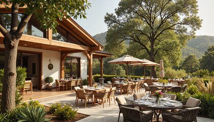 Outdoor restaurant patio surrounded by lush greenery