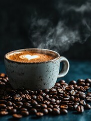 Warm cup of coffee with heart design surrounded by aromatic coffee beans on a blue surface. Generative AI