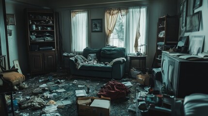 A cluttered living room with a couch, two bookshelves, and a fireplace. Papers, boxes, and other items are scattered on the floor, giving the room a messy and abandoned feel.